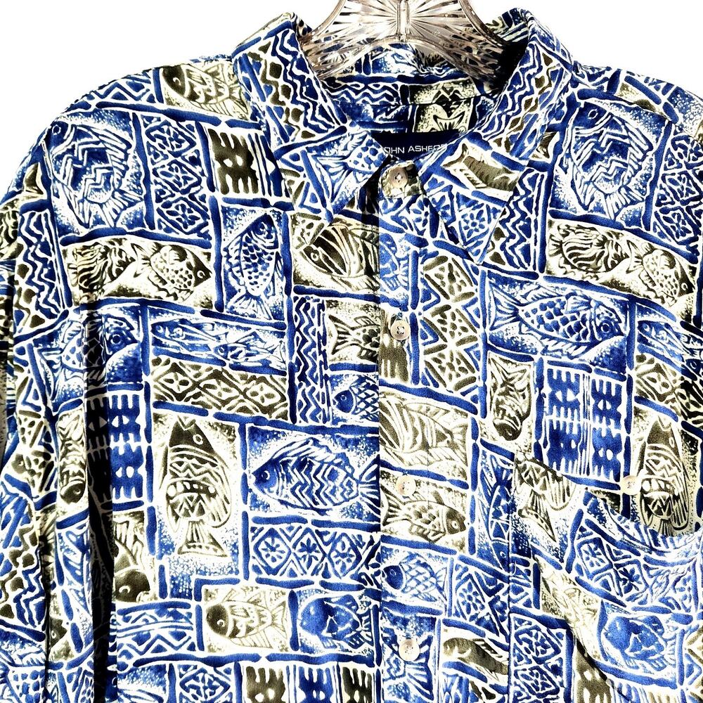 John Ashford Short Sleeve Casual Shirt Size L Blue & Green Fish Tropical Print
